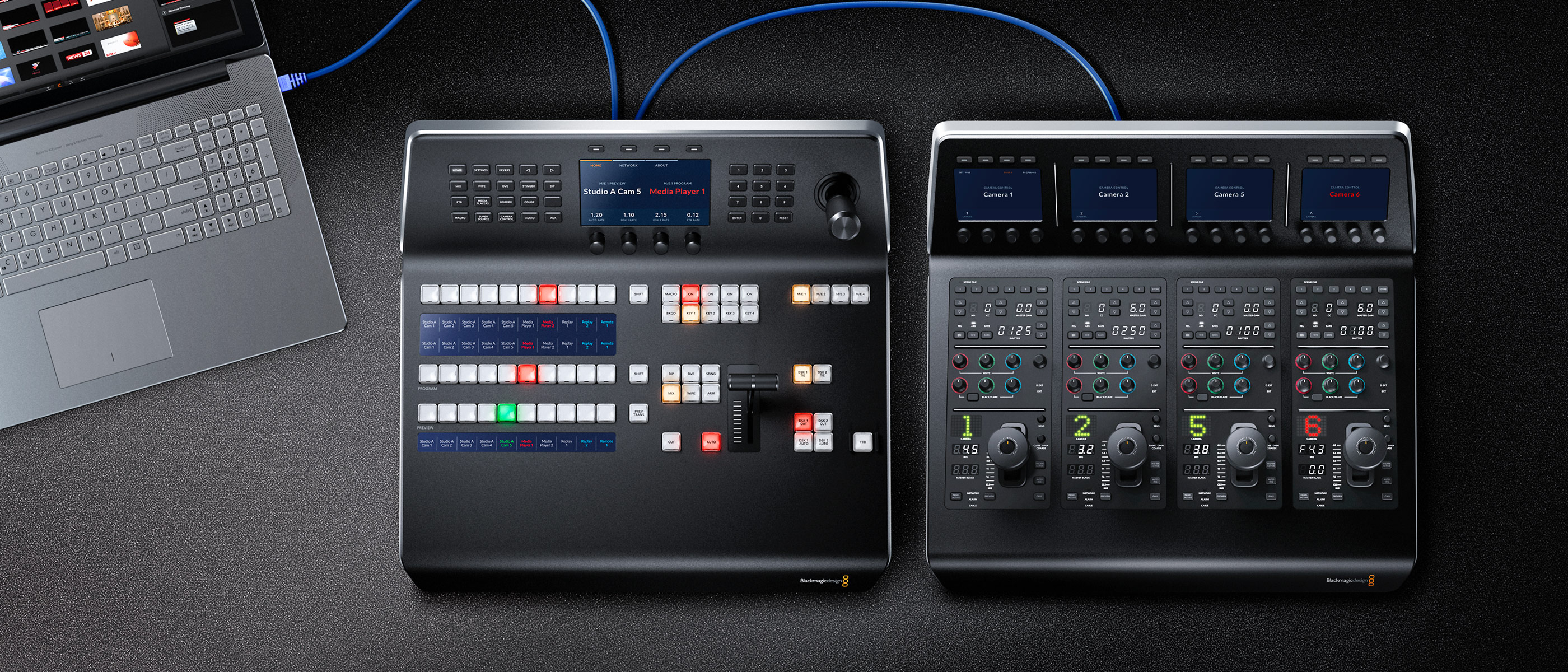 A Blackmagic Design Camera Control Panel (right) married to an ATEM switcher (left). Image: Blackmagic Design.