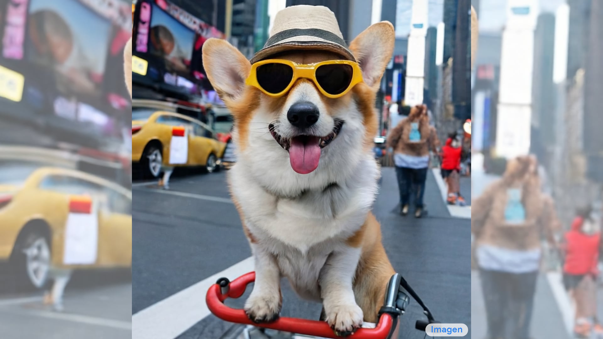 A photo of a Corgi dog riding a bike in Times Square. It is wearing sunglasses and a beach hat: Imagen